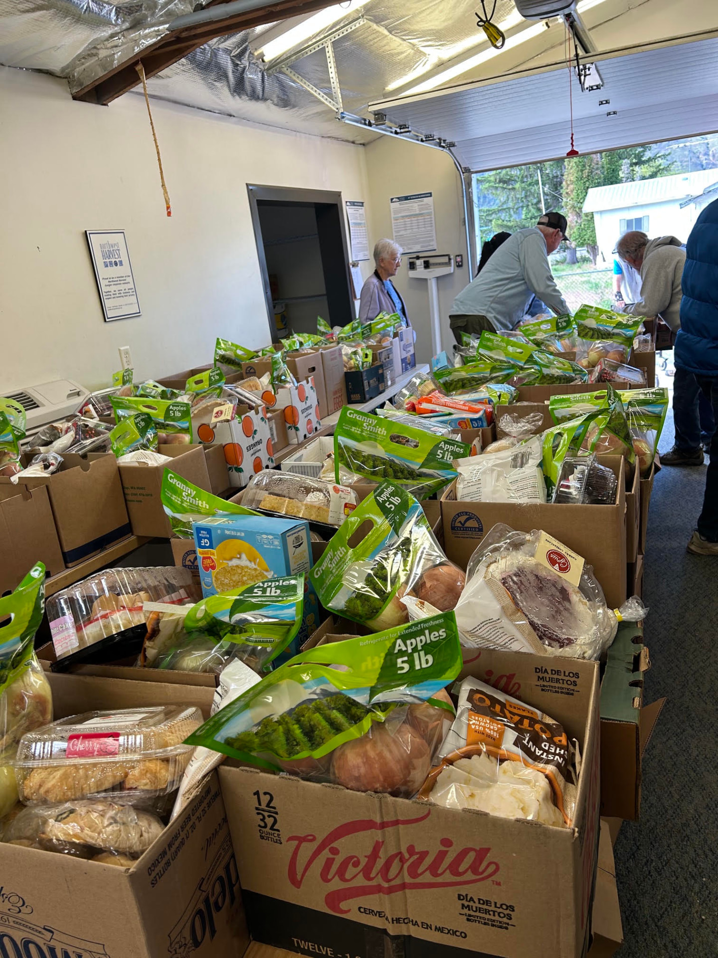 Rows of boxes filled with fresh produce, bread and groceries ready for distribution day