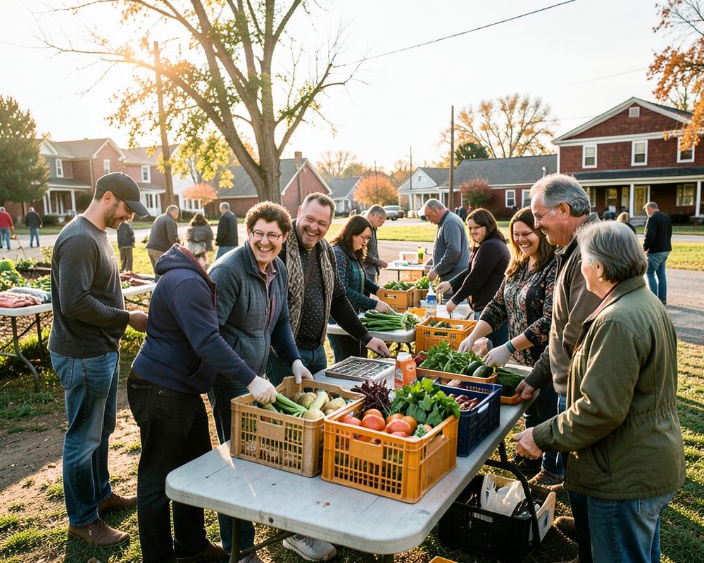Neighbors gathered outdoors around tables of fresh produce
