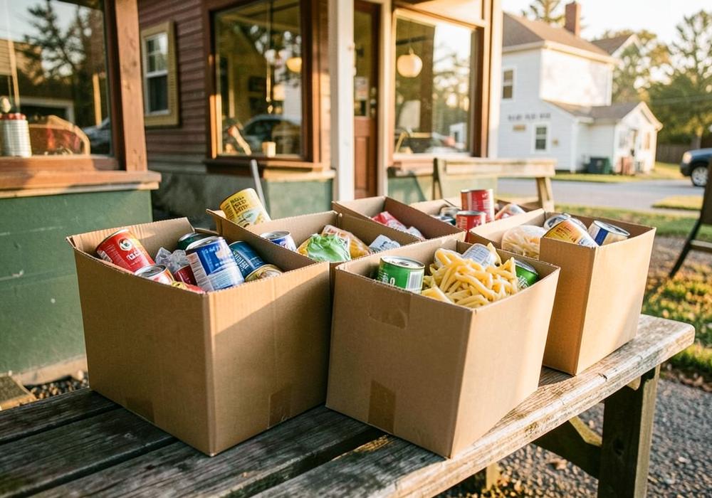 Collection boxes filled with canned goods outside a small-town storefront