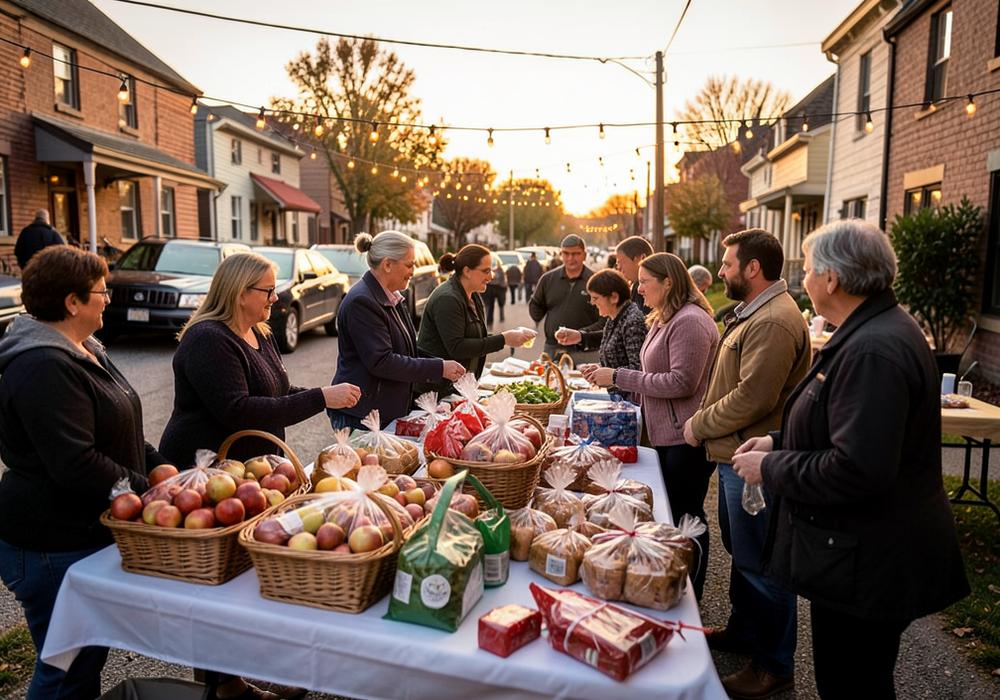 Evening community gathering with baskets of apples on tables under string lights