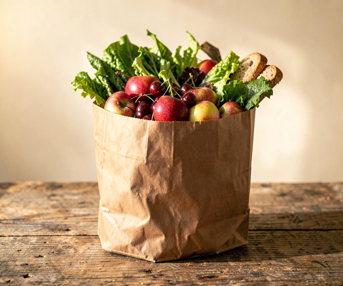 A paper grocery bag filled with apples, cherries, greens and bread