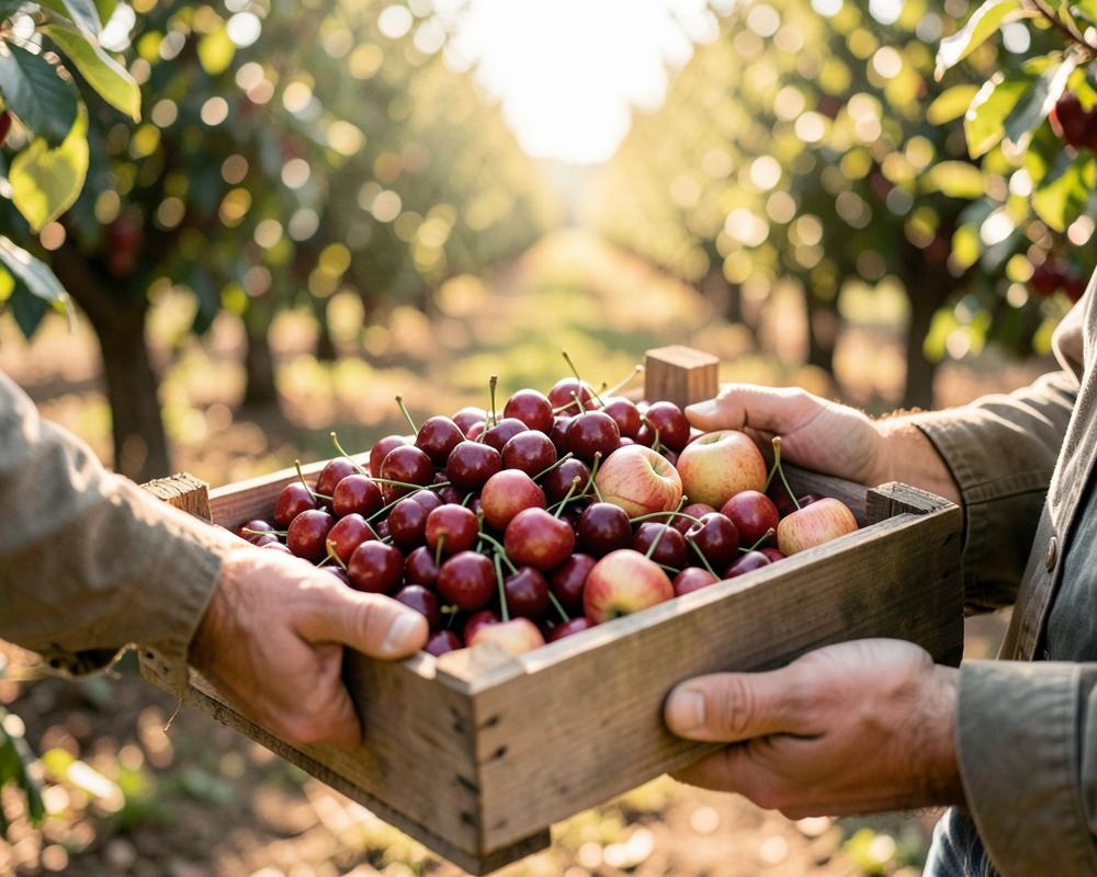 A grower holding a wooden crate of freshly picked cherries and apples in an orchard