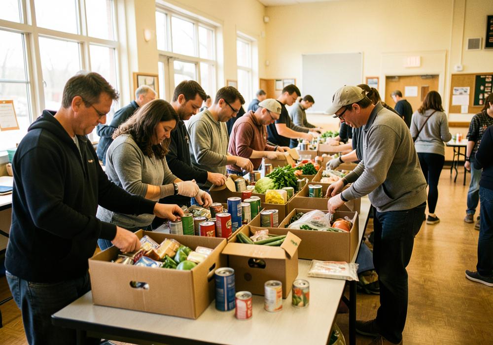 Volunteers sorting canned goods and produce into boxes at long tables