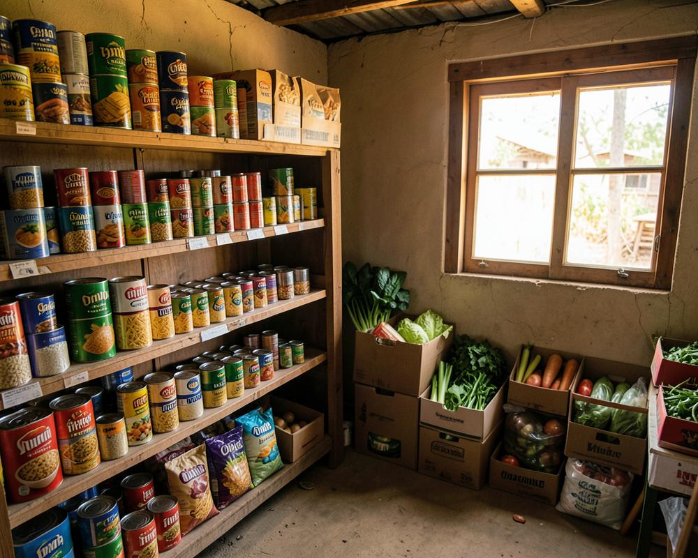 Food pantry shelves stocked with canned goods and fresh produce