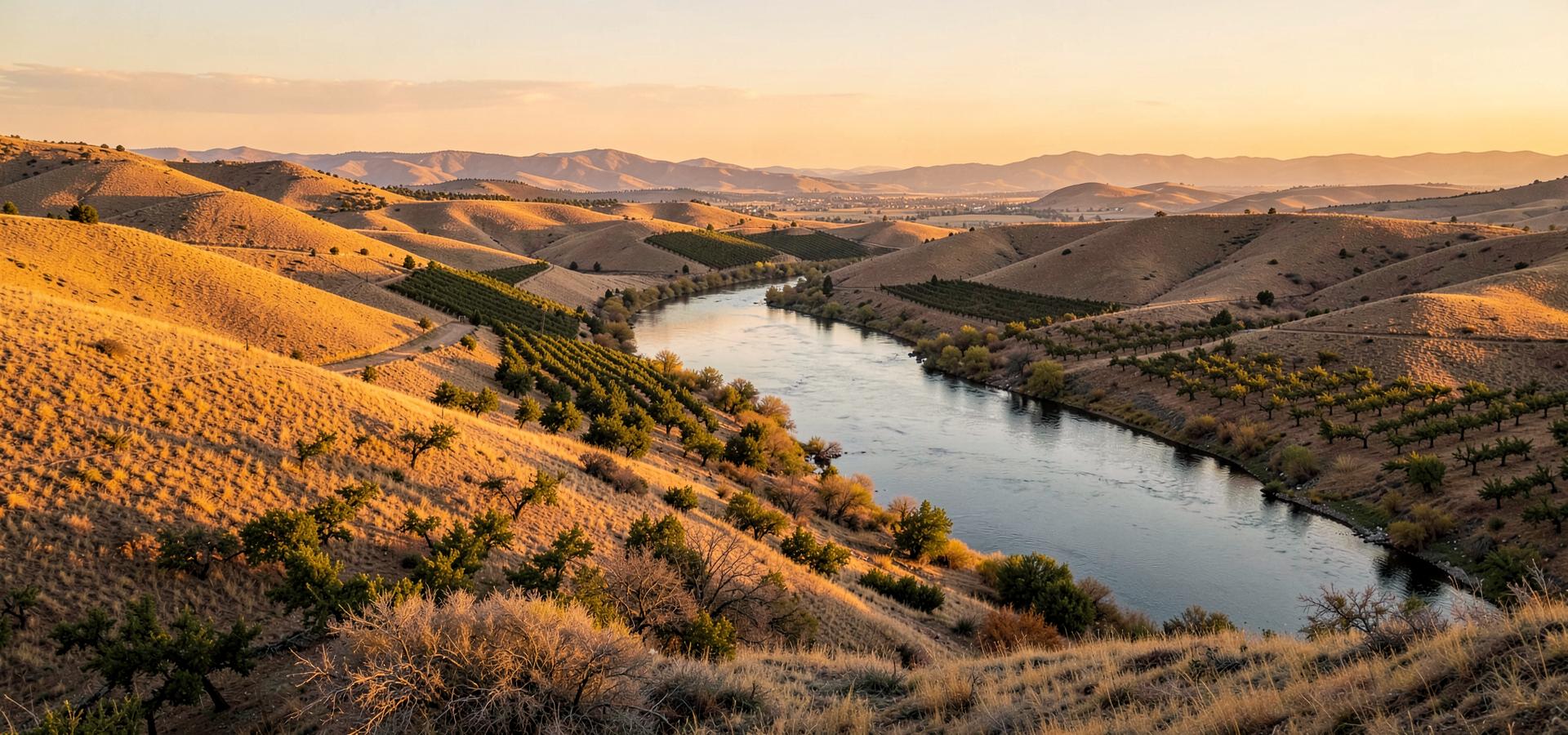 The Columbia River winding between golden Eastern Washington hills and orchard blocks
